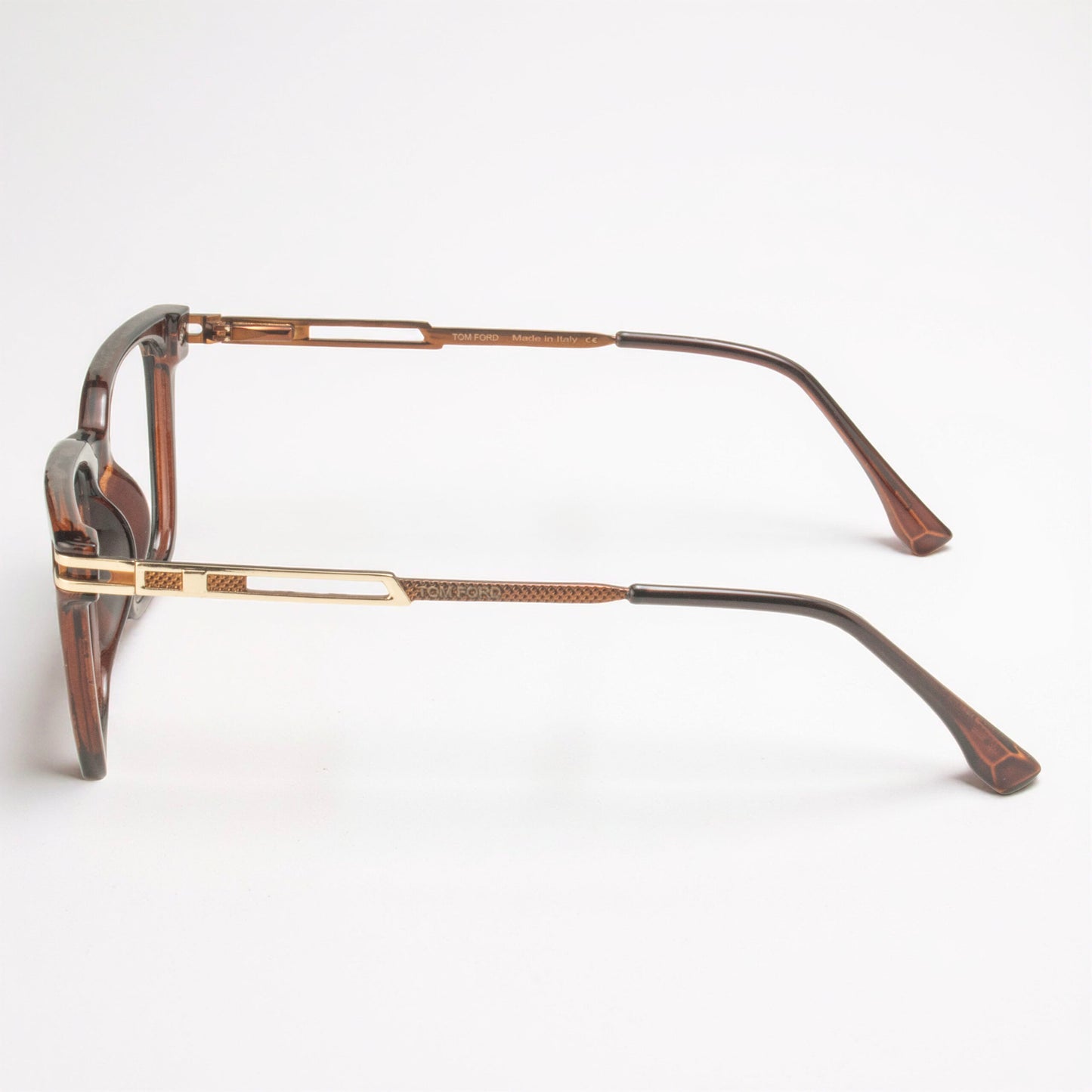 Close-up Brown Eyeglasses Gold Tone Detail Premium Lightweight Frame Design