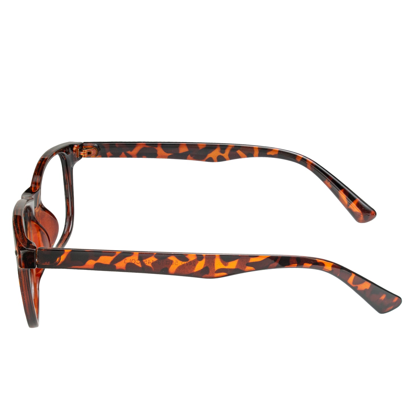 Side angle of tortoise square eyeglasses showing durable acetate build