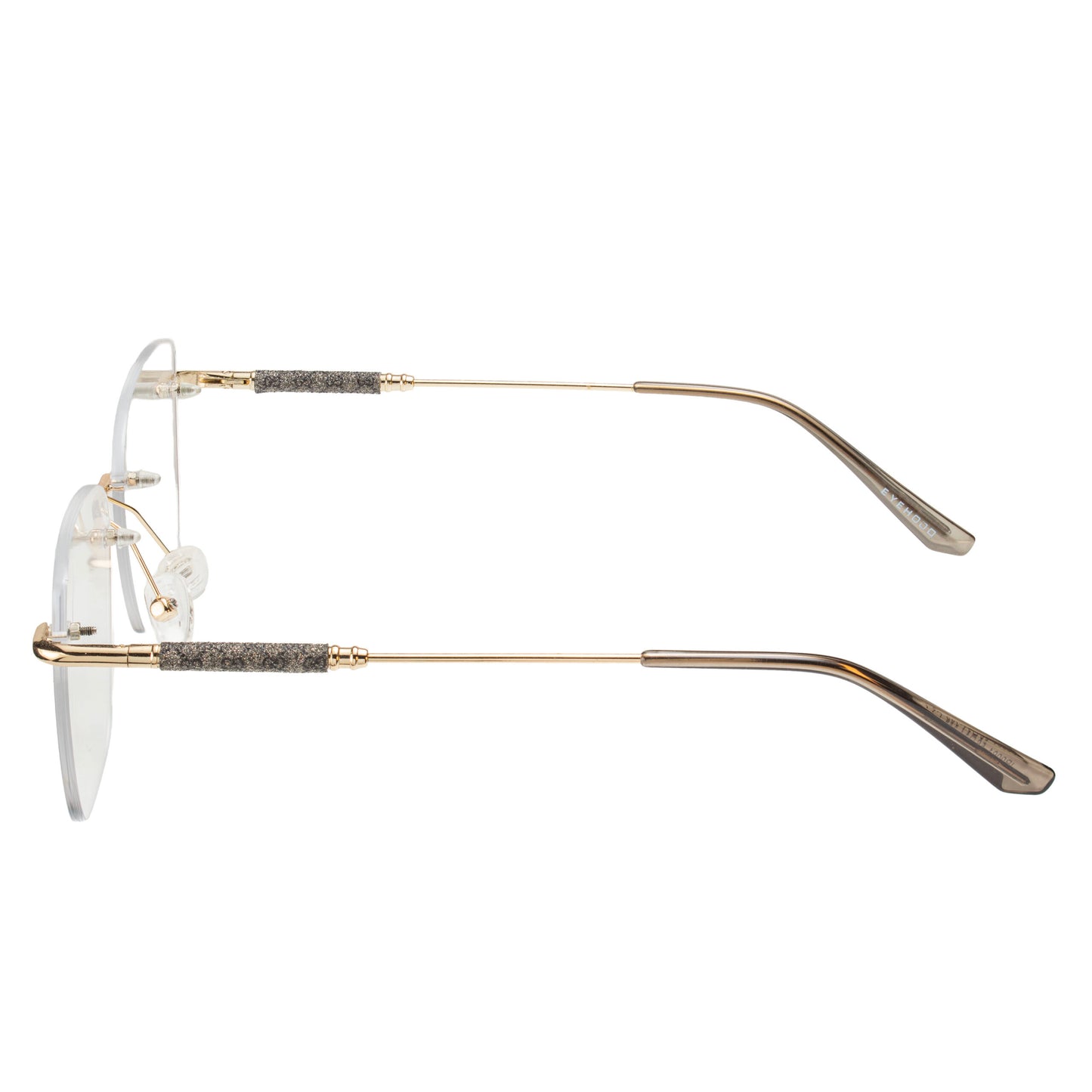 Golden rimless eyeglass frame for women – side view lightweight metal temples
