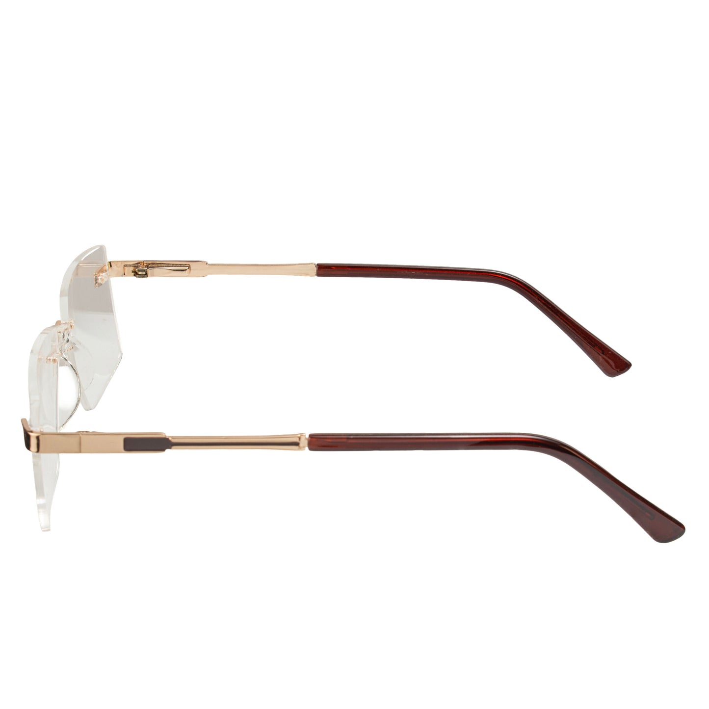 Lightweight rimless men eyeglasses with gold finish frame – side view acetate temple tips