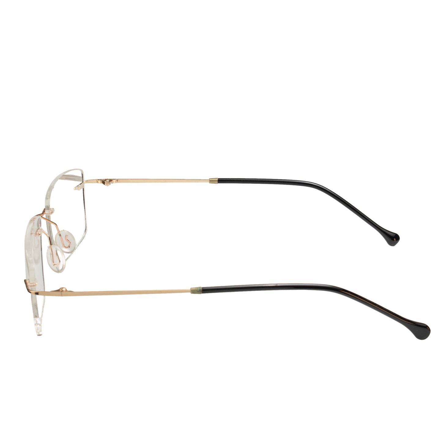 side view of rimless rectangular glasses in gold and black frame options