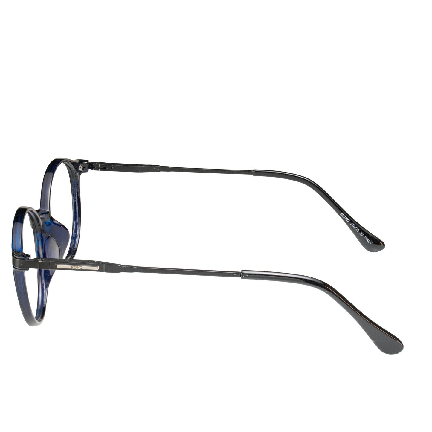 Lightweight modern blue round eyewear frame with flexible TR90 body and black metal sides