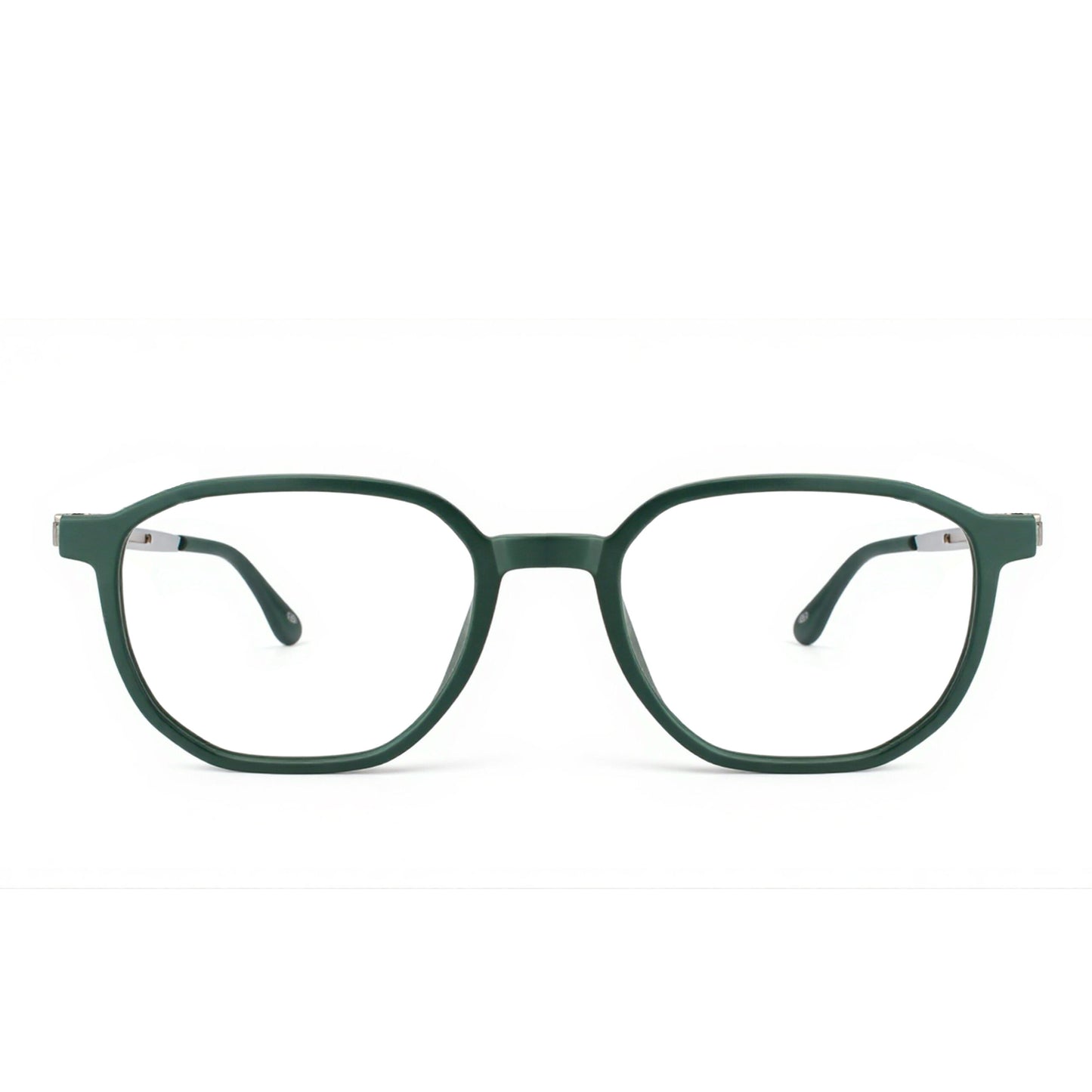 Side profile of Axton Hexa Green Eyeglasses showing metal hinges