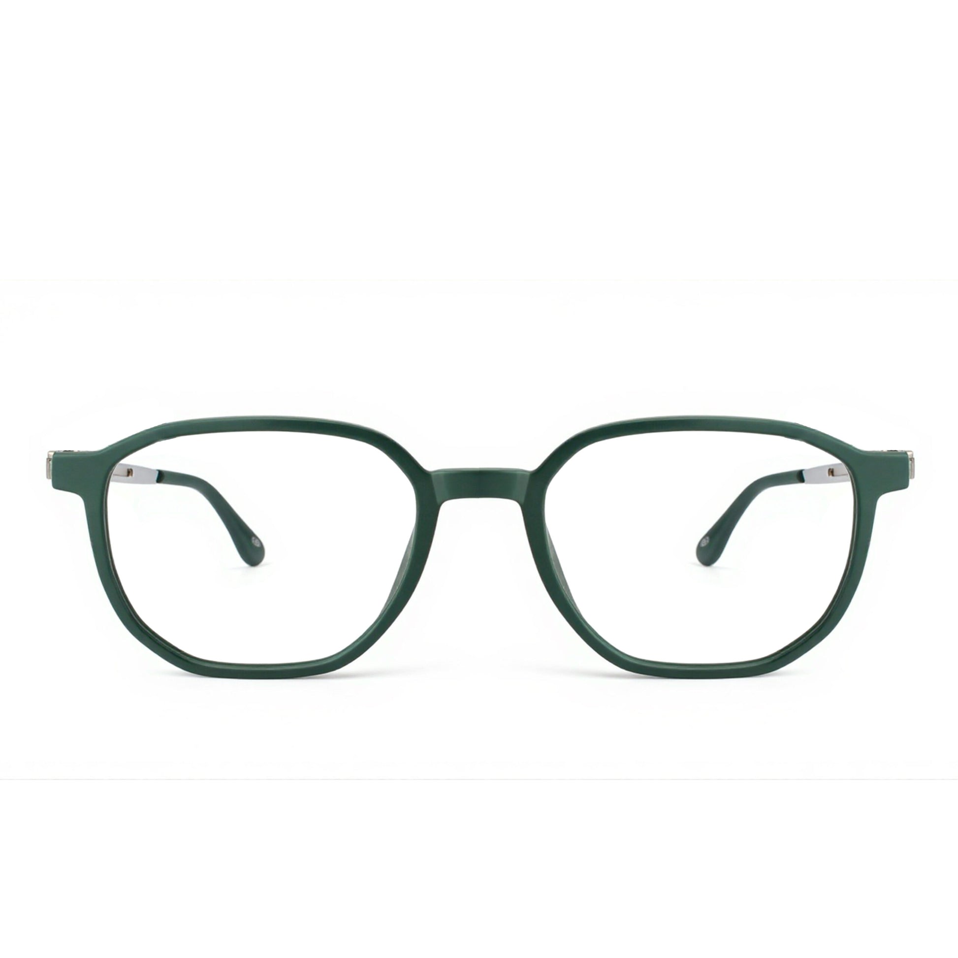 Side profile of Axton Hexa Green Eyeglasses showing metal hinges