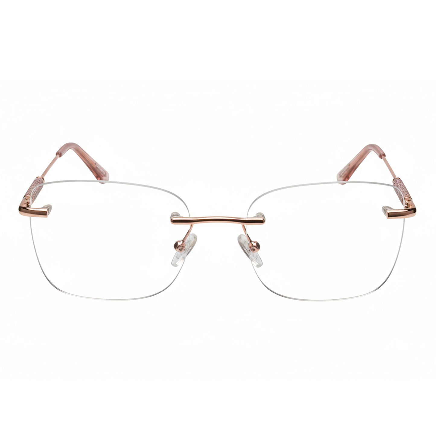 Rimless Rose Gold Eyeglass Frame Adjustable Nose Pads Side View Minimal Style