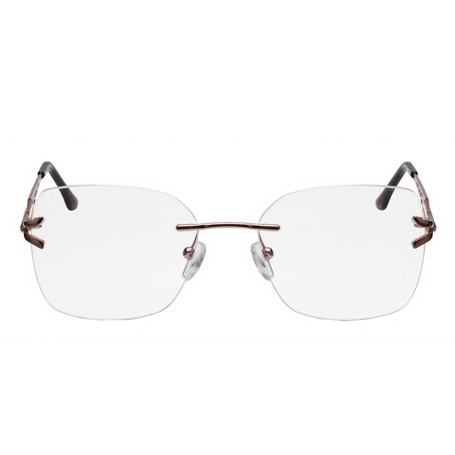 Minimalist women’s rimless eyeglasses with rose-gold metal temples – ElegantCut stylish optical frame angled view