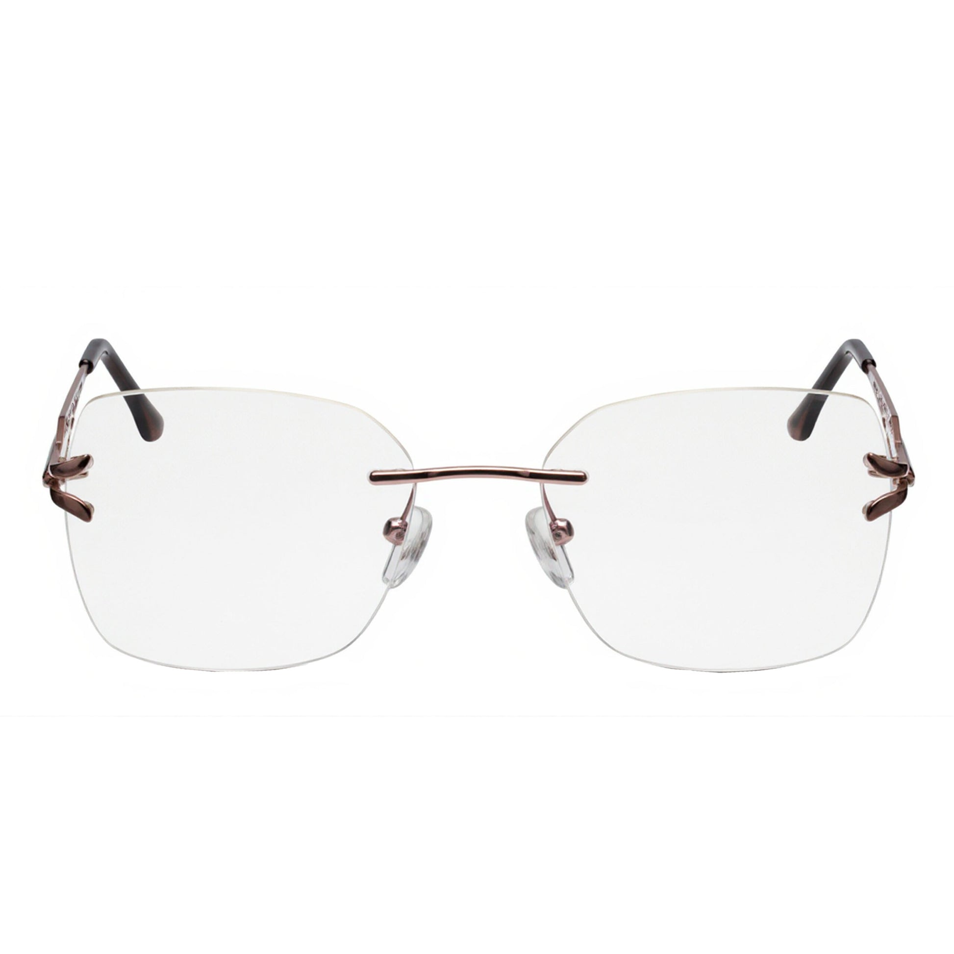 Minimalist women’s rimless eyeglasses with rose-gold metal temples – ElegantCut stylish optical frame angled view