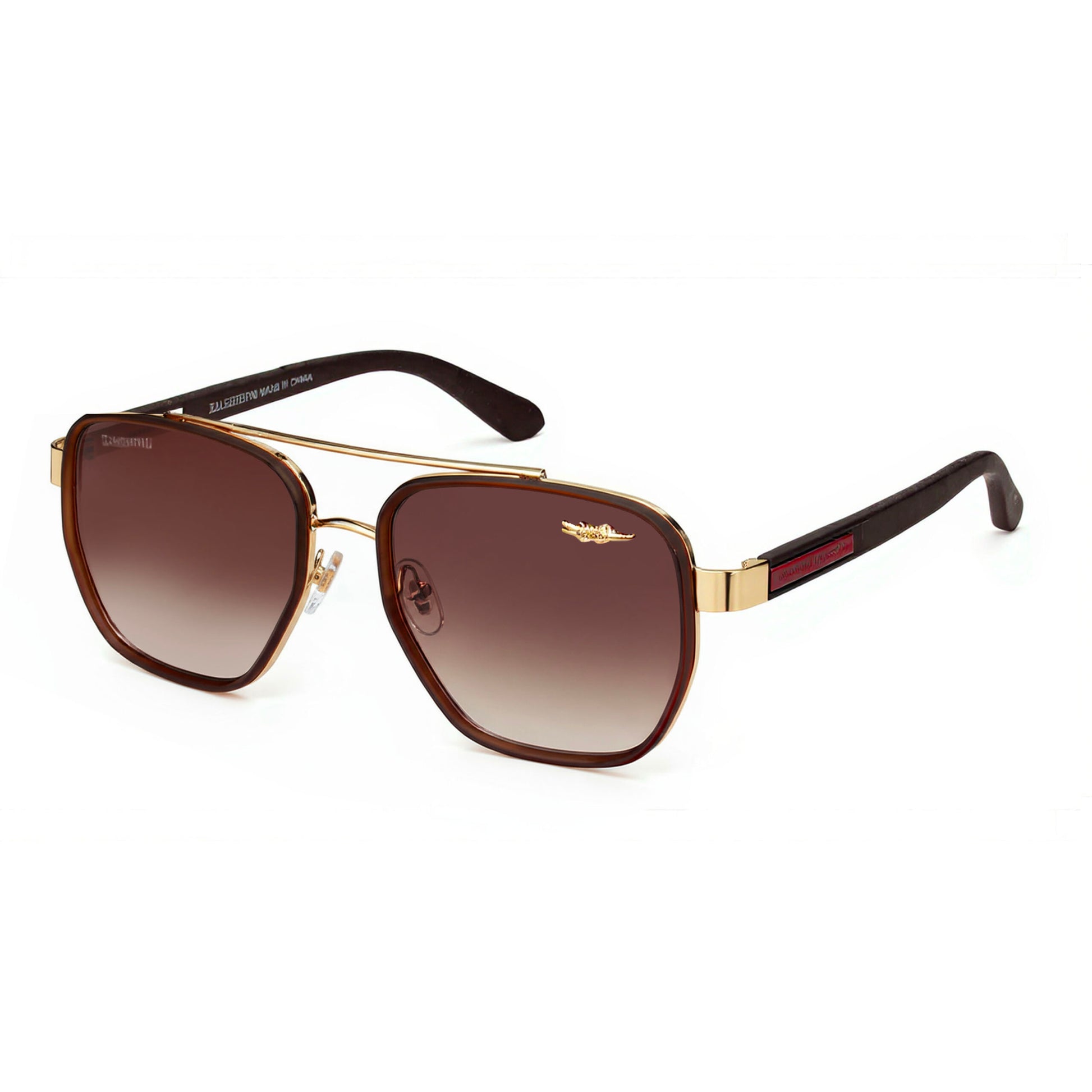 Close-up detail of premium aviator sunglasses with lightweight gold frame and nose pads