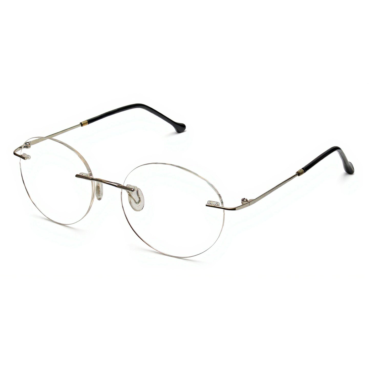 Minimalist titanium round rimless eyewear – premium optical frame angled view