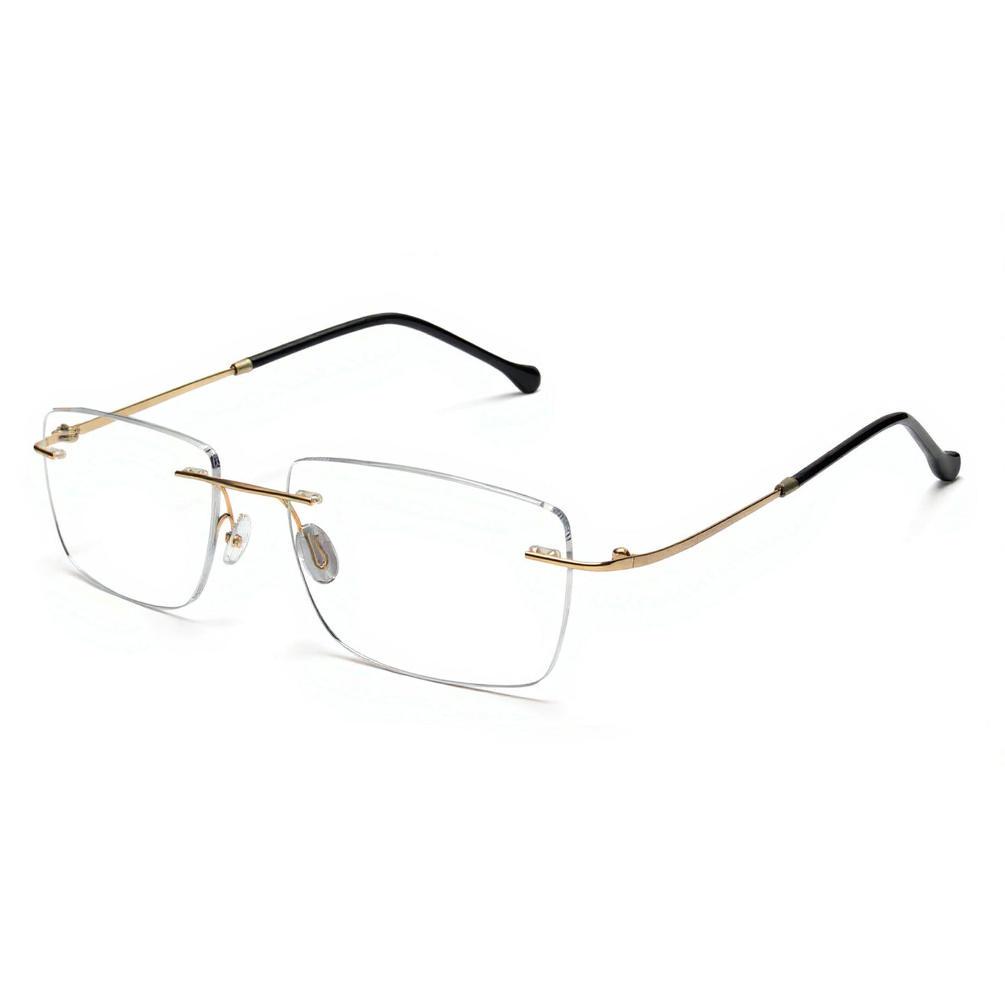 Gold rimless rectangle eyeglasses for men front view lightweight metal frame