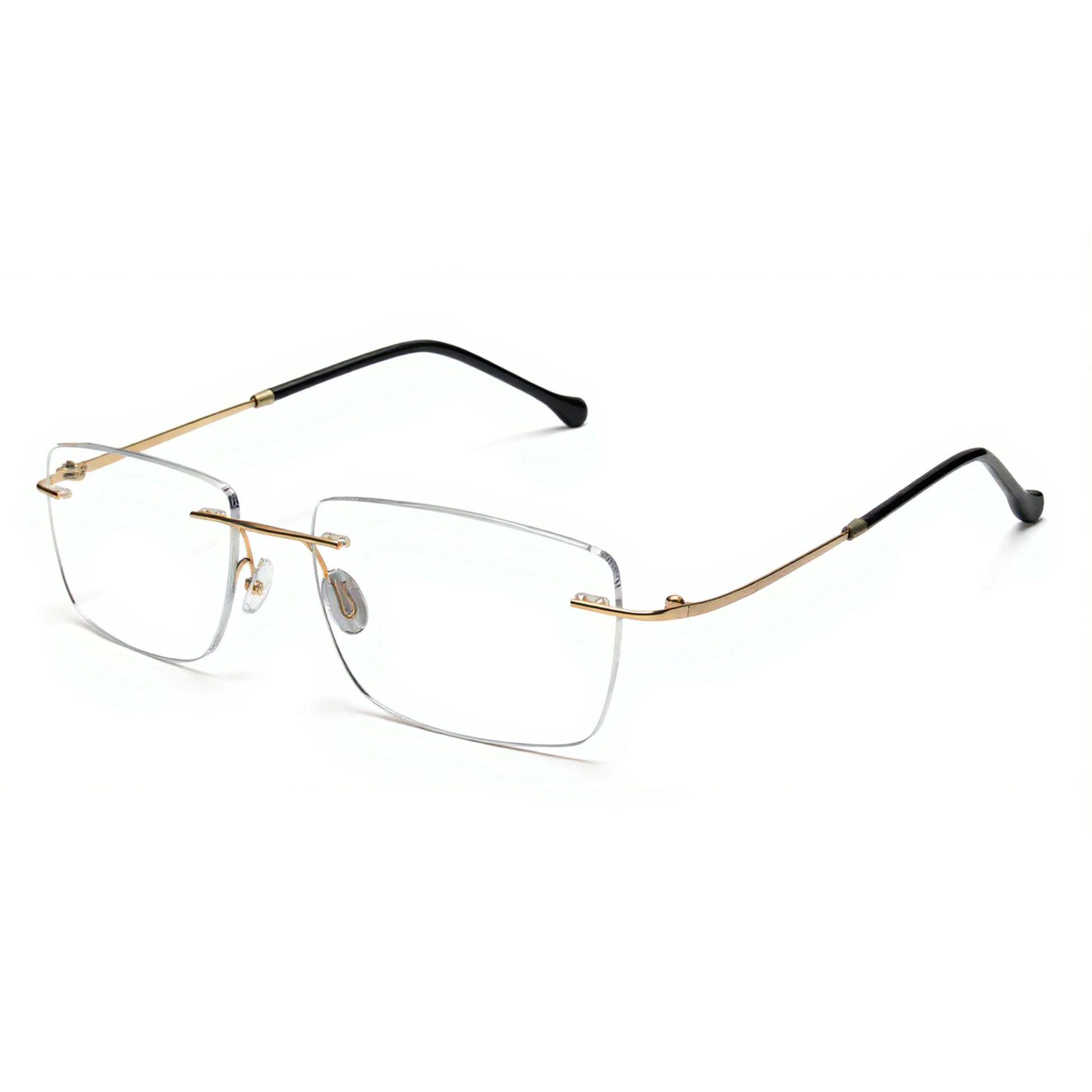 Gold rimless rectangle eyeglasses for men front view lightweight metal frame