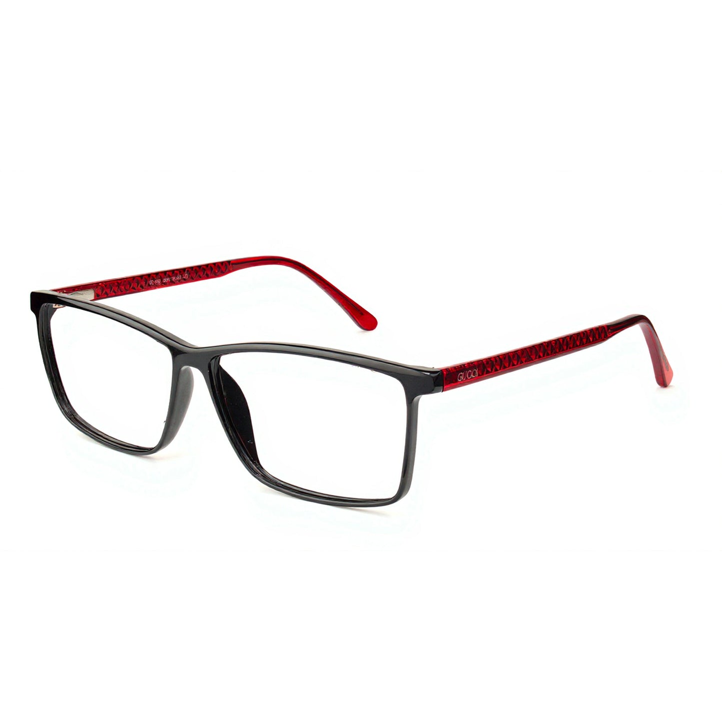 Designer Vortex eyewear square frame – bold modern black and red glasses angled view