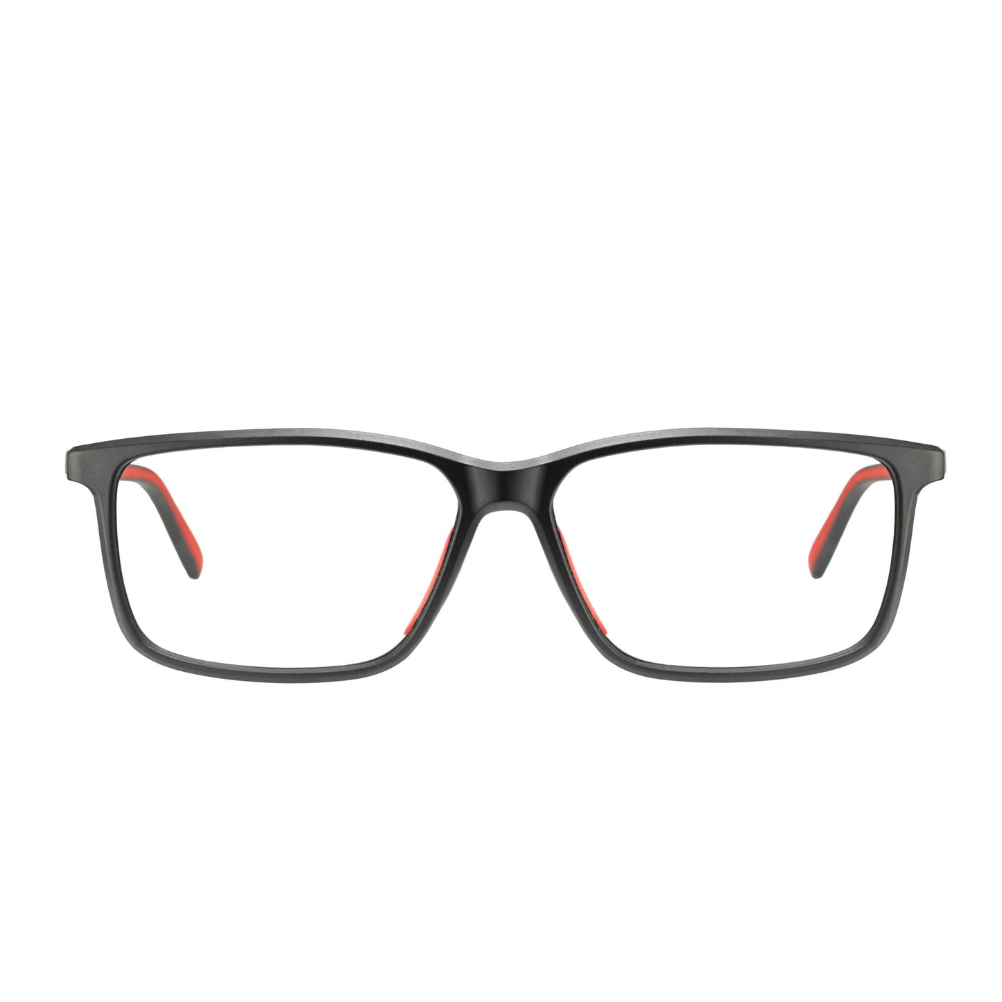 Lightweight TR90 unisex eyeglass frame—black exterior with red accents, inspired by athletic styling
