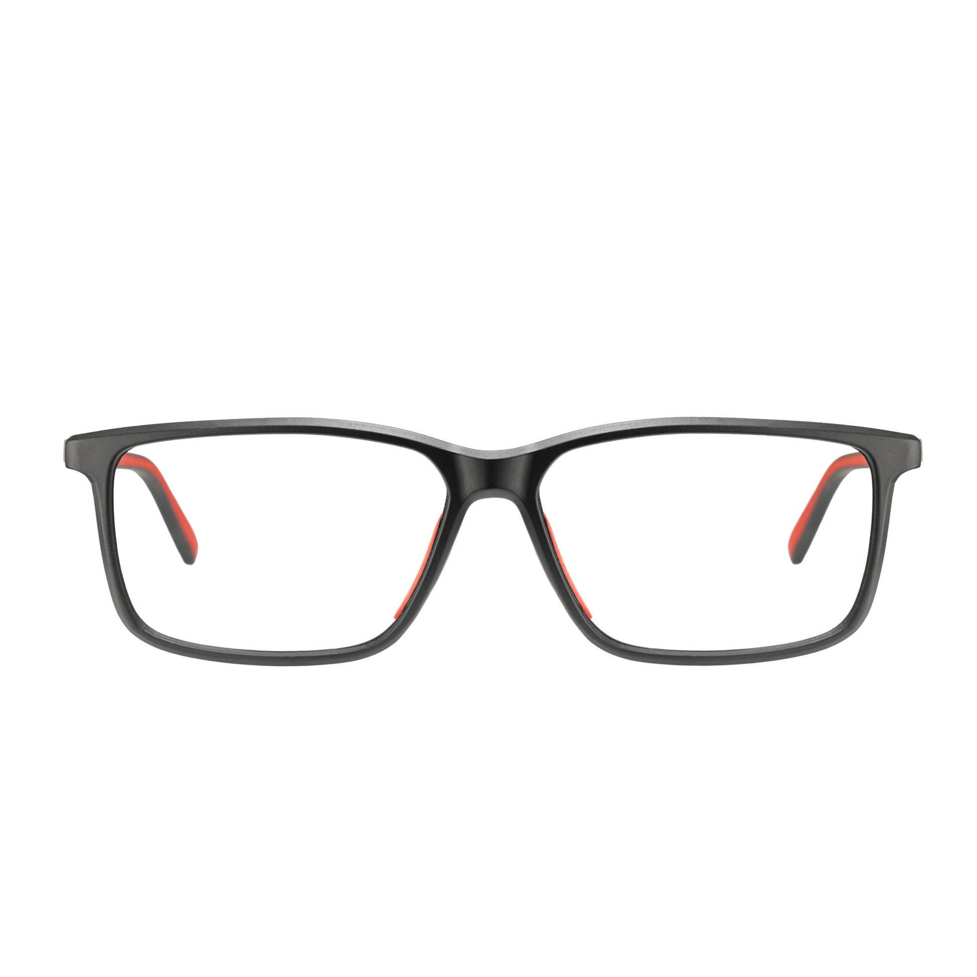 Lightweight TR90 unisex eyeglass frame—black exterior with red accents, inspired by athletic styling