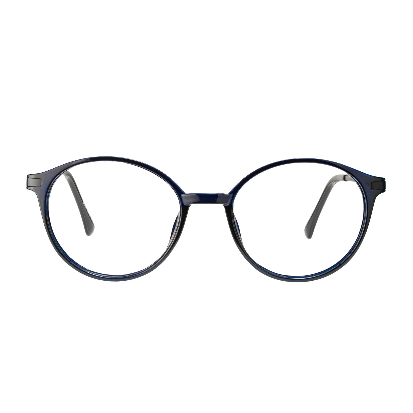 Premium round eyeglass frame in deep blue TR90 with durable black metal temples for men and women