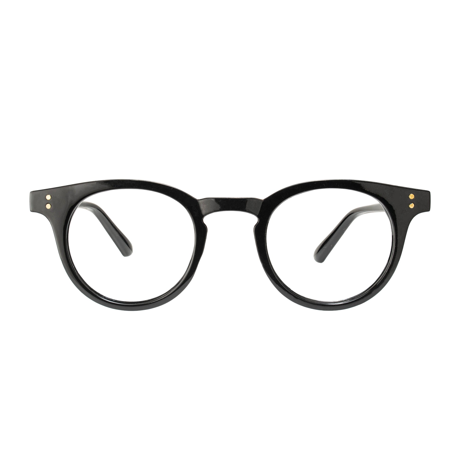Close-up of Vertex round eyeglass frame highlighting durable acetate material and smooth black finish