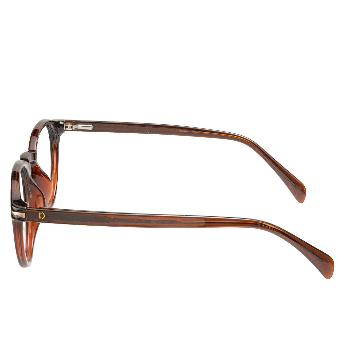 Side angle of David Beckham round eyewear in oak brown finish