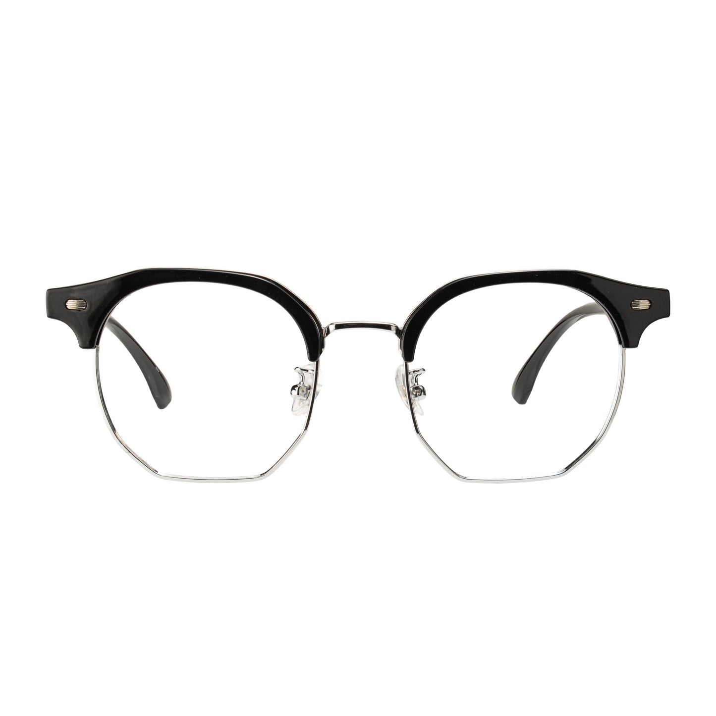 Viora Blackline Eyeglasses front view with black upper rim and silver frame