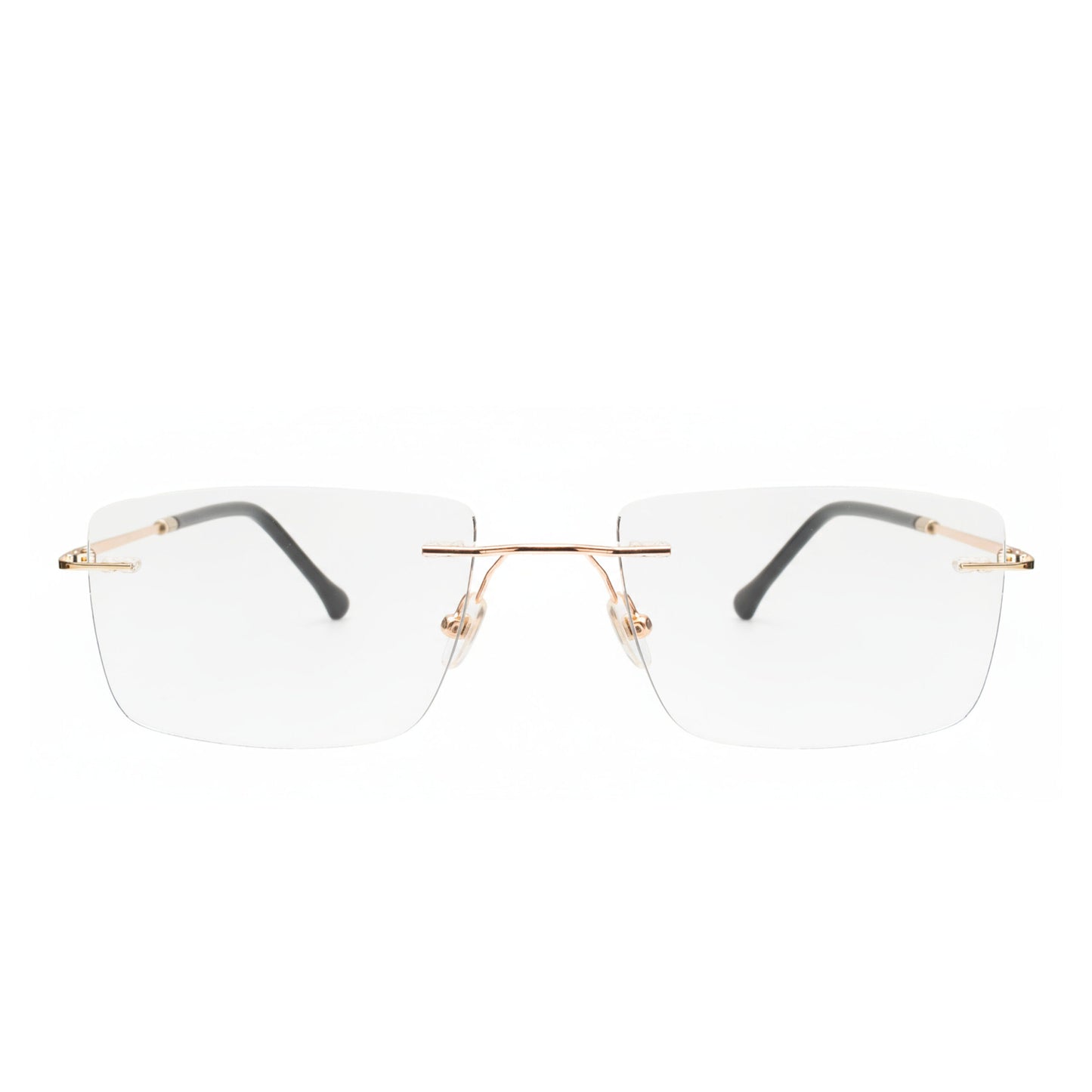 side view of rimless rectangular glasses in gold and black frame options