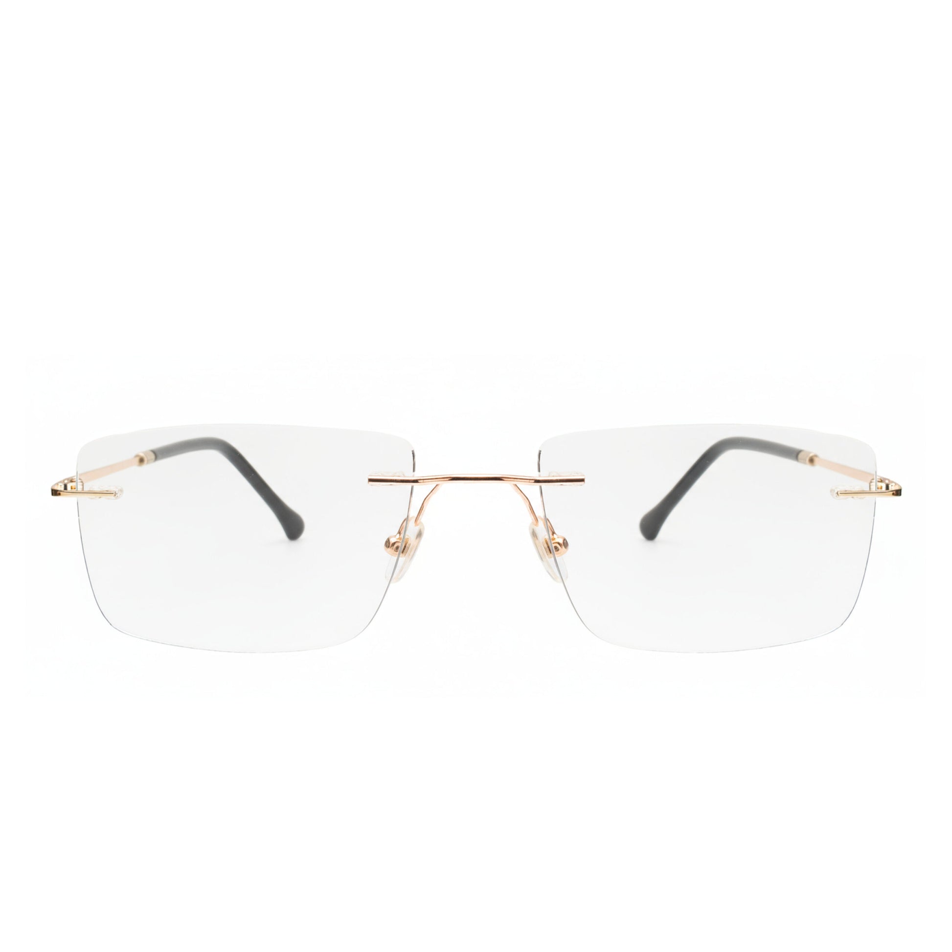 side view of rimless rectangular glasses in gold and black frame options
