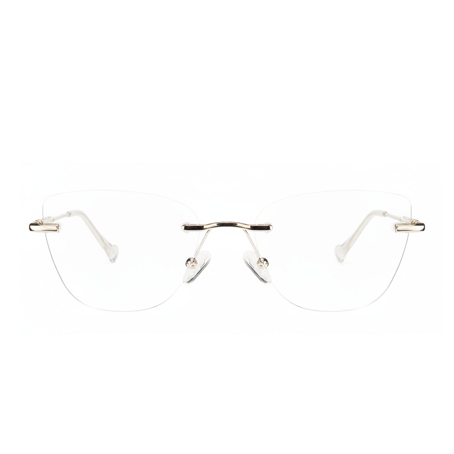 Close-up of Longines rimless frame showing lightweight silver metal construction