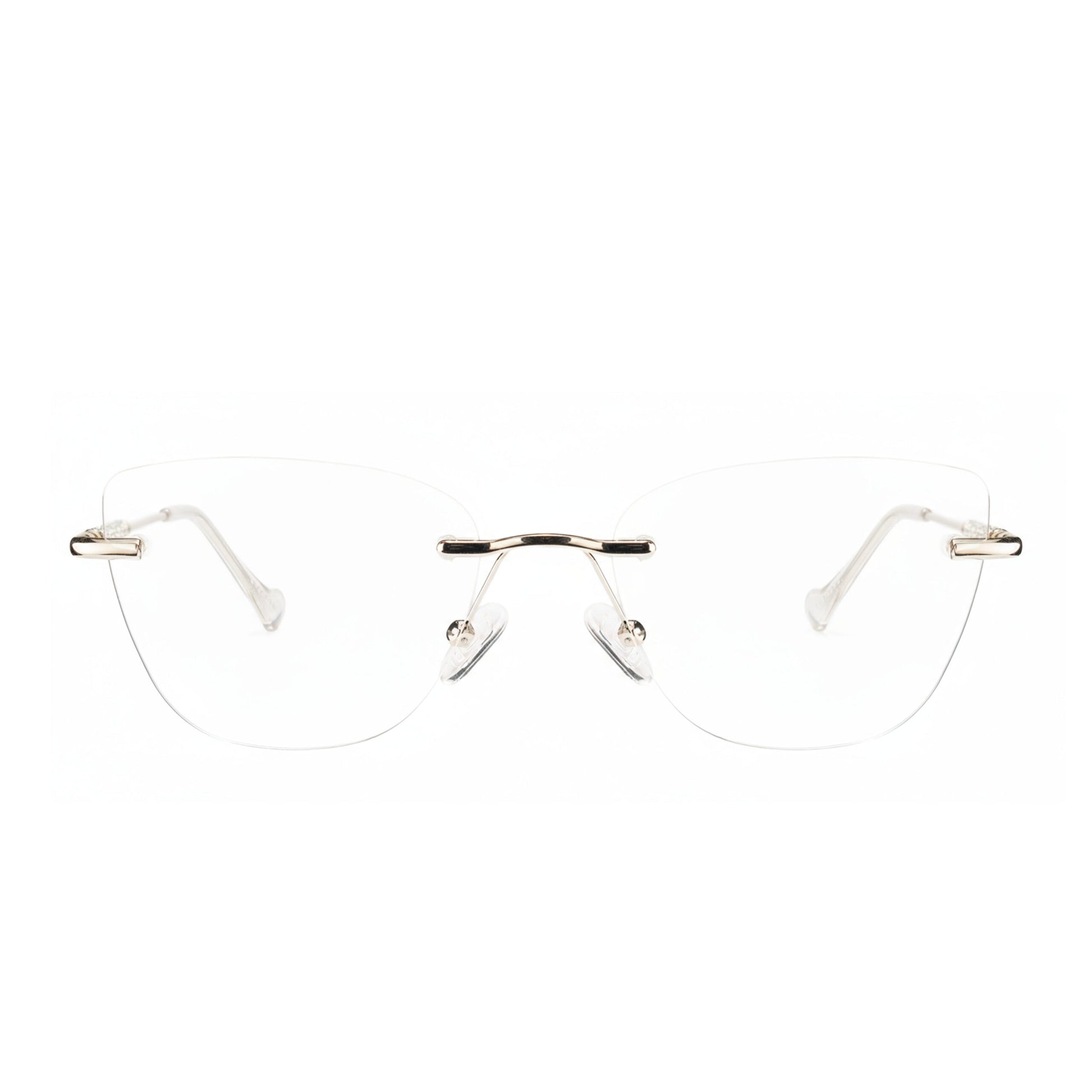 Close-up of Longines rimless frame showing lightweight silver metal construction