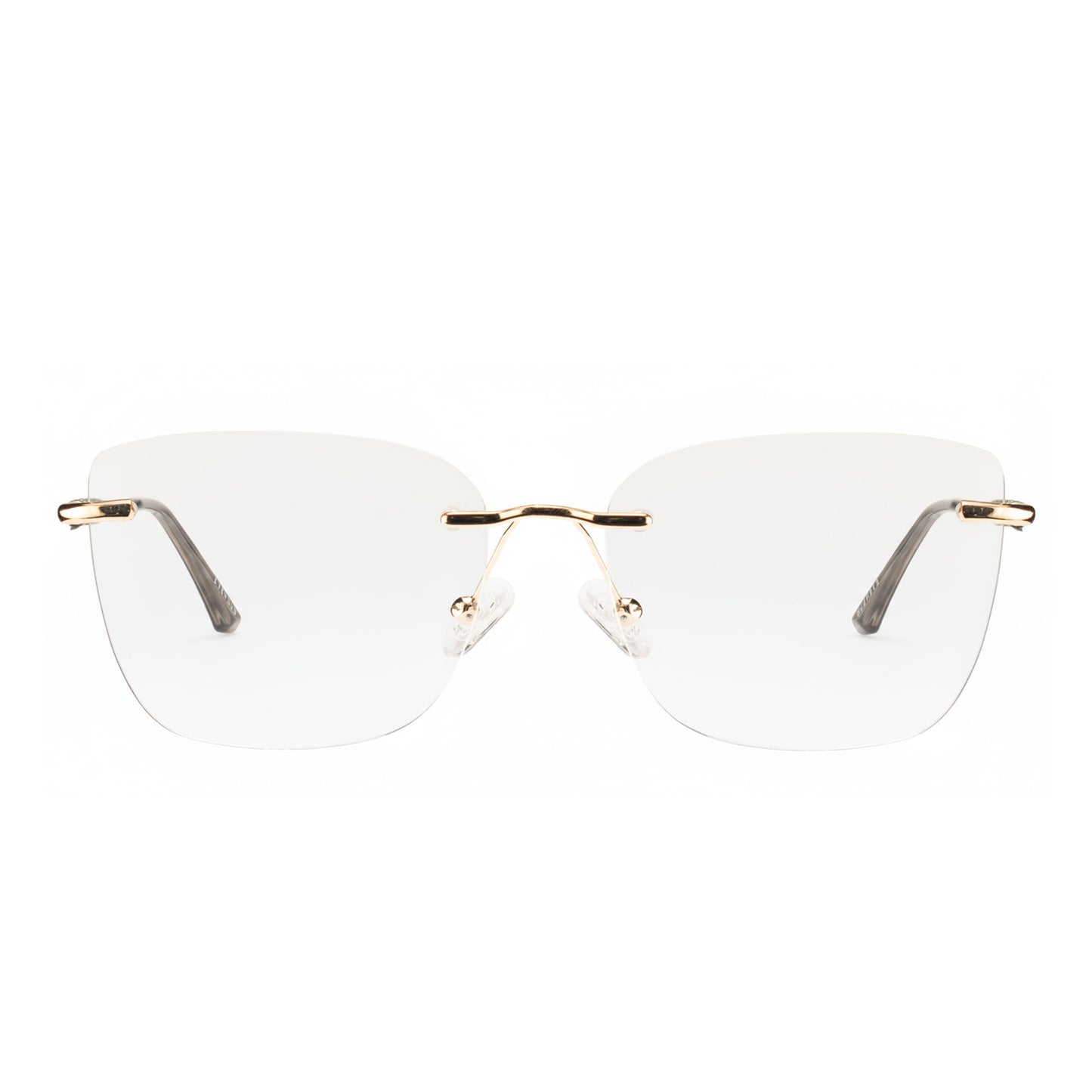 Golden rimless eyeglass frame for women – side view lightweight metal temples