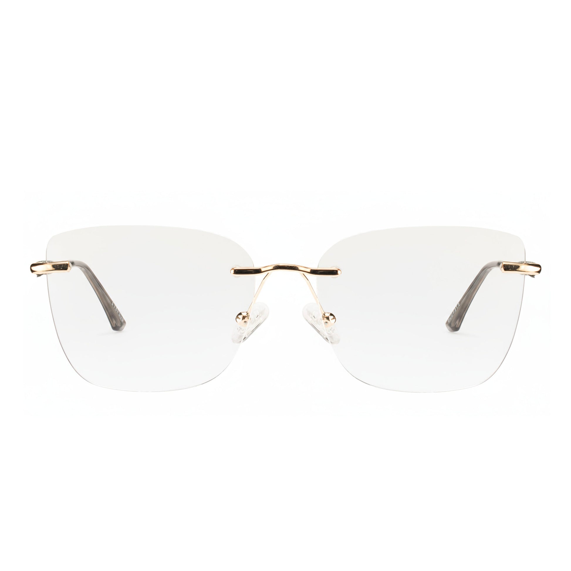 Golden rimless eyeglass frame for women – side view lightweight metal temples