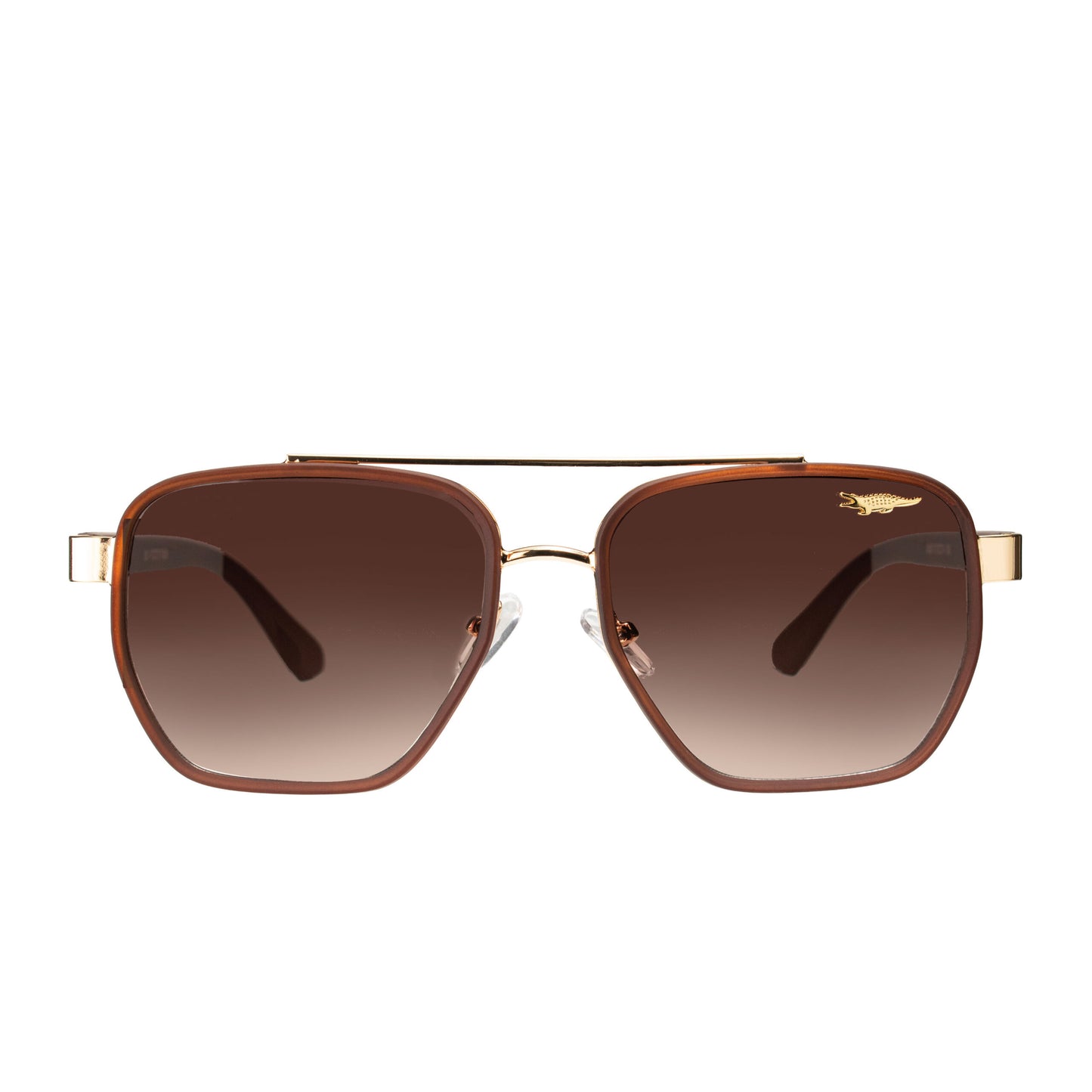 Men wearing gold aviator sunglasses with brown gradient lenses outdoor stylish look