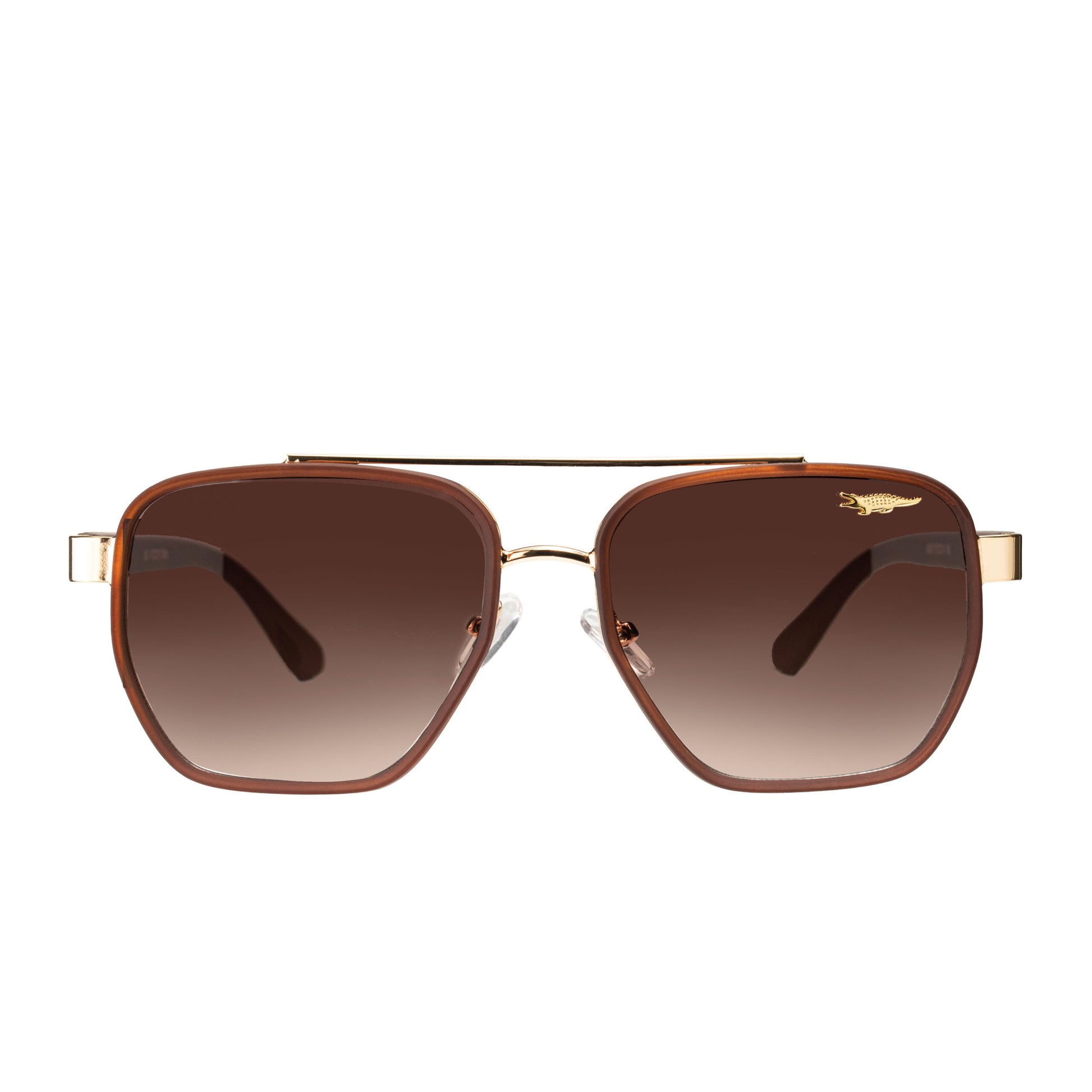 Men wearing gold aviator sunglasses with brown gradient lenses outdoor stylish look