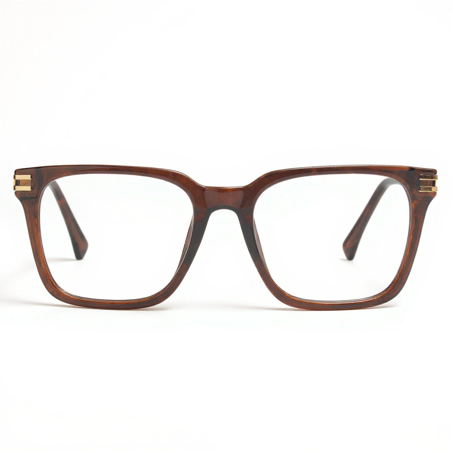 Unisex Brown Square Eyeglass Frame with Gold Metal Temples Side Angle Modern Style