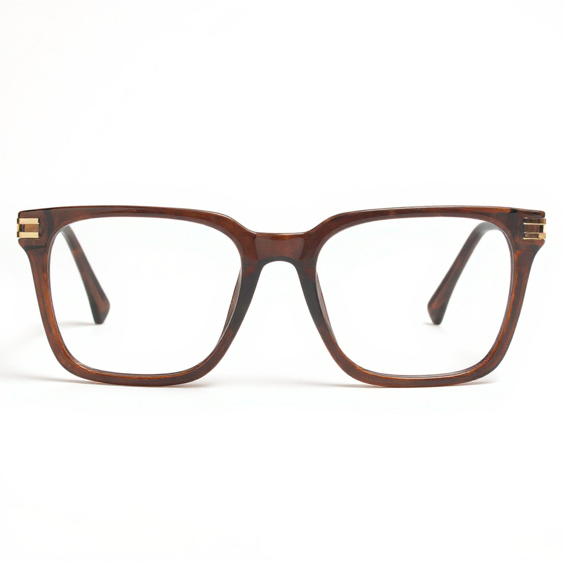 Unisex Brown Square Eyeglass Frame with Gold Metal Temples Side Angle Modern Style
