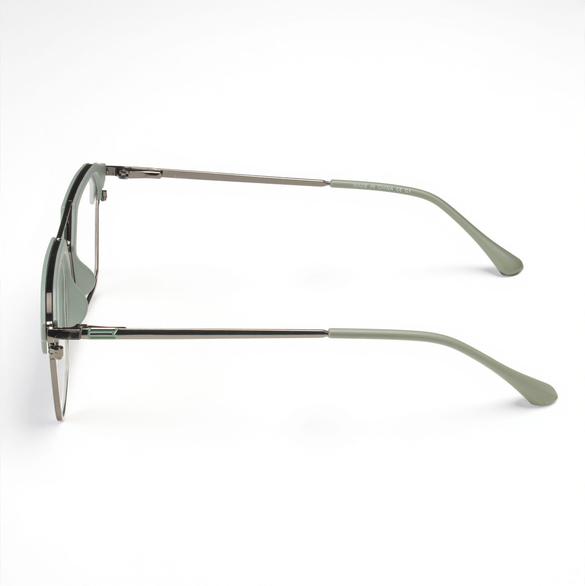 Lightweight Gunmetal and Olive Green Square Eyeglasses with Soft Temple Tips – Close-Up Detail