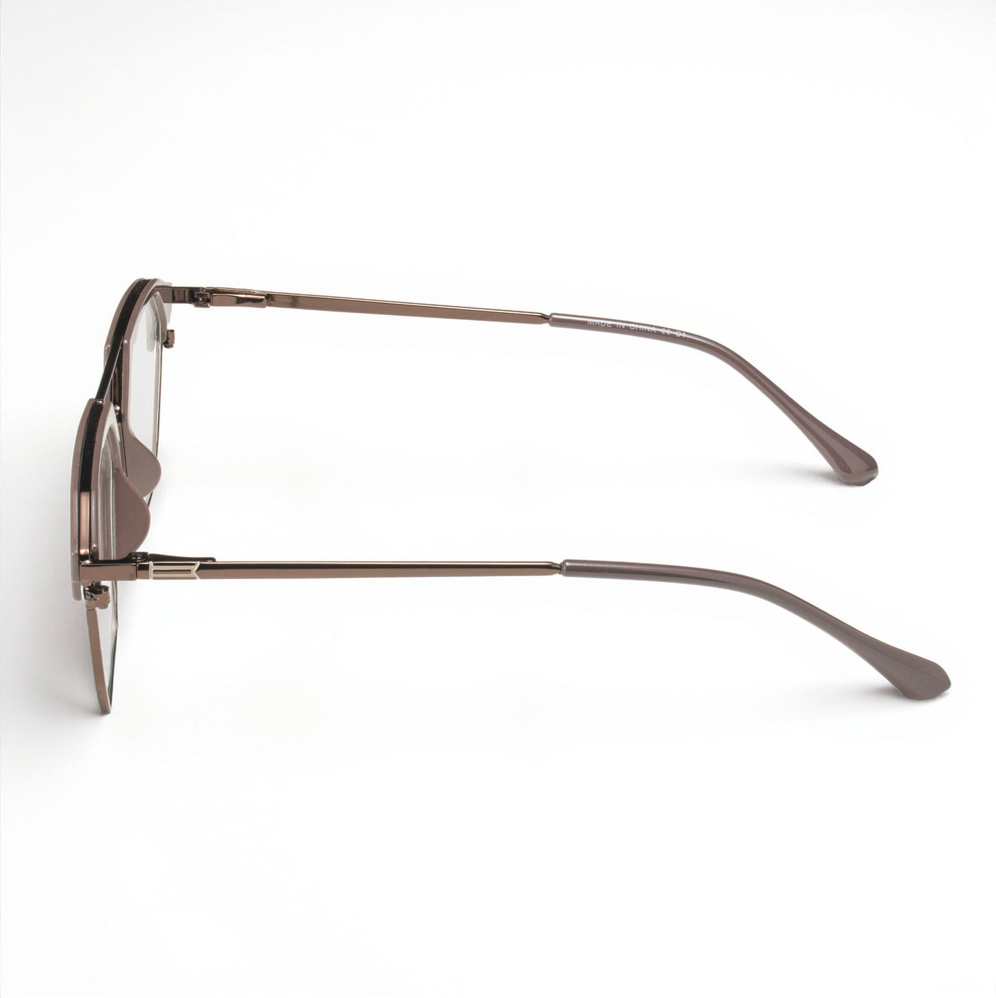 Close-up of Metallic Bronze Eyeglasses Frame with Fixed Nose Pads and Modern Finish