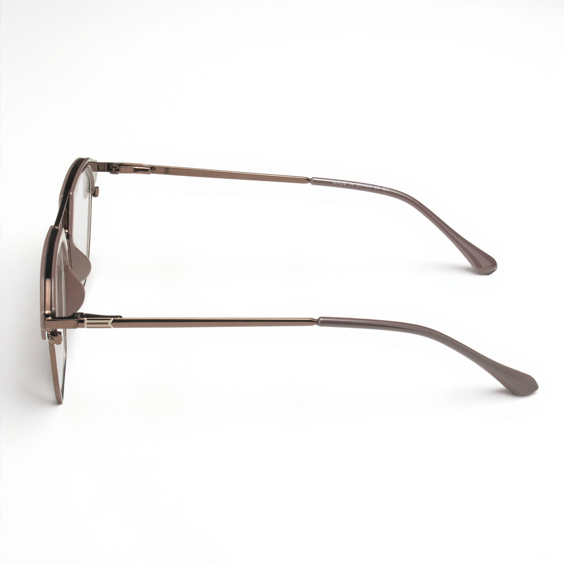 Close-up of Metallic Bronze Eyeglasses Frame with Fixed Nose Pads and Modern Finish