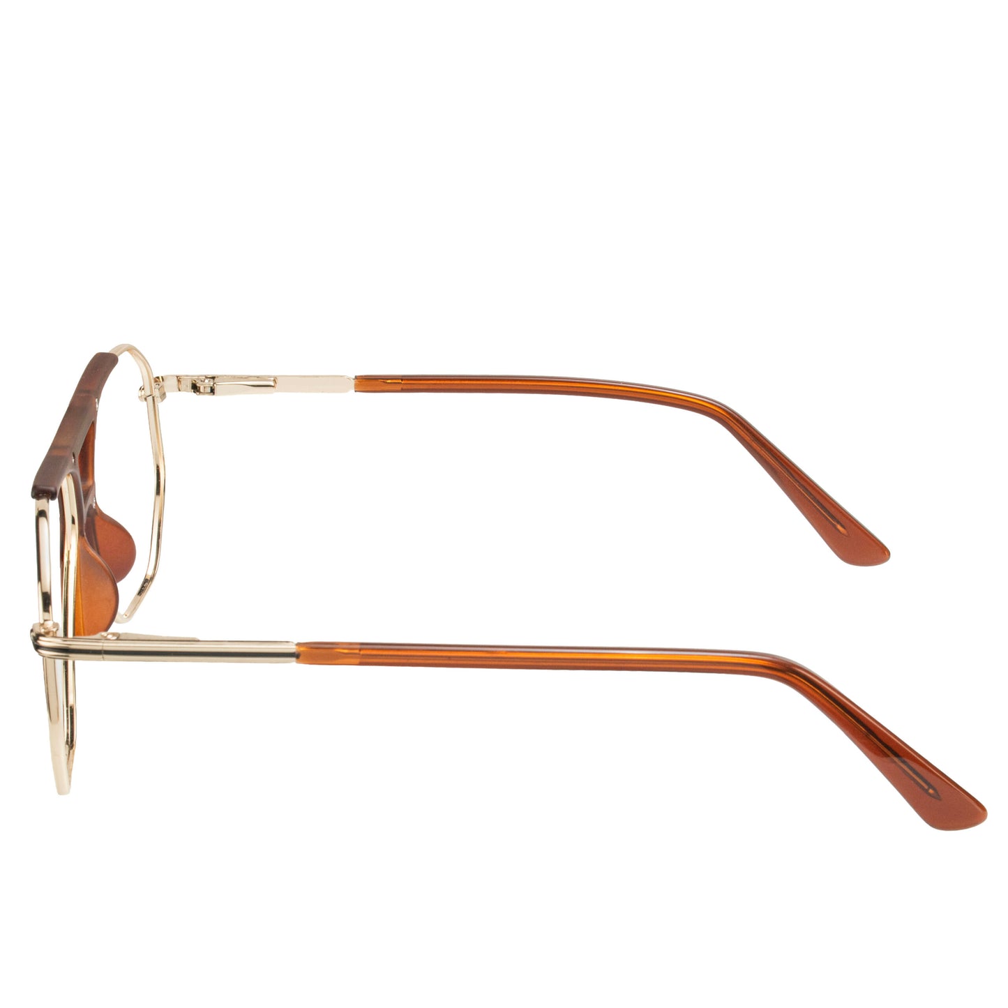 Side angle of Golden Voyage Glasses showing brown acetate detailing