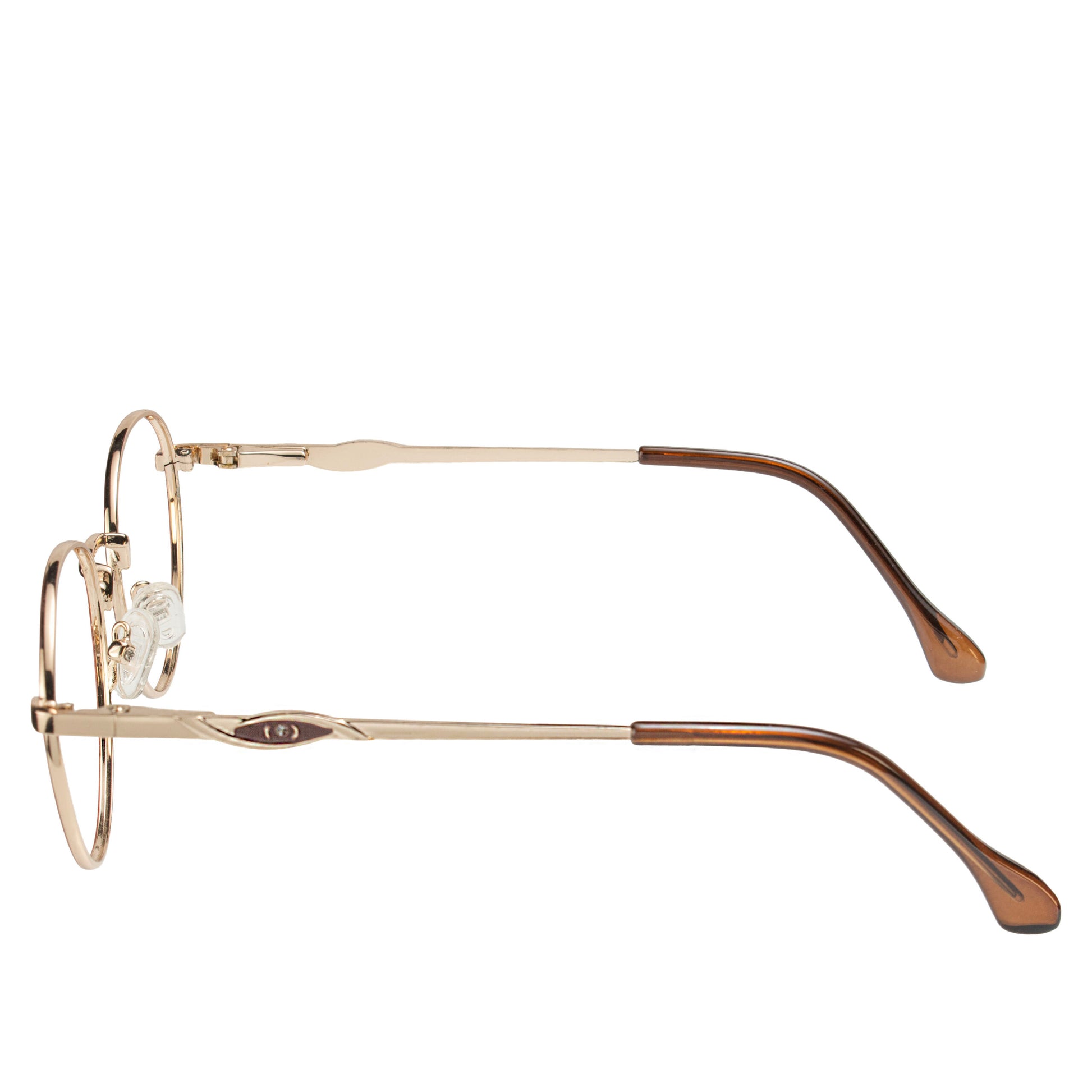 Side angle of Solix Classic Round Glasses showing brown temple tips