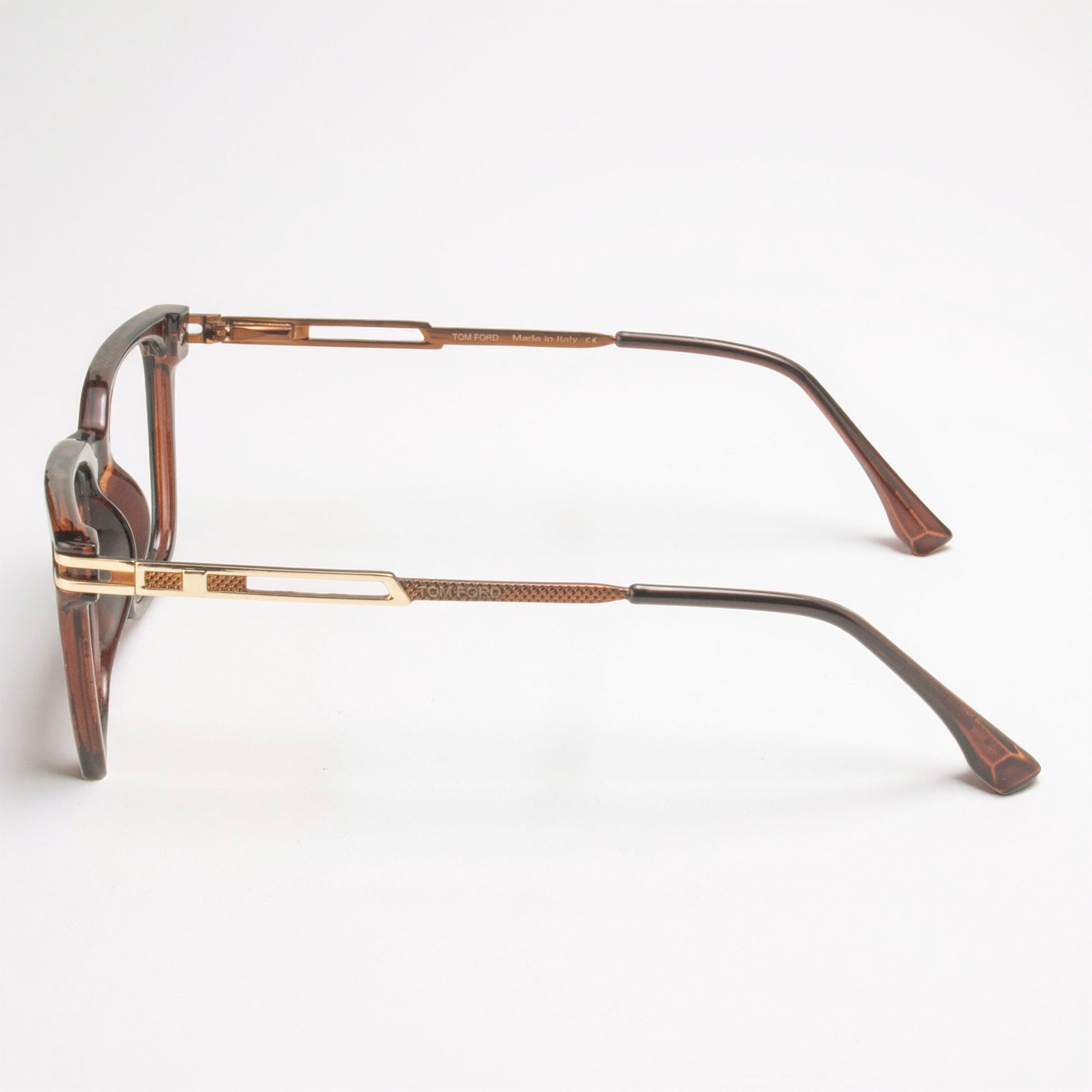 Close-up Brown Eyeglasses Gold Tone Detail Premium Lightweight Frame Design