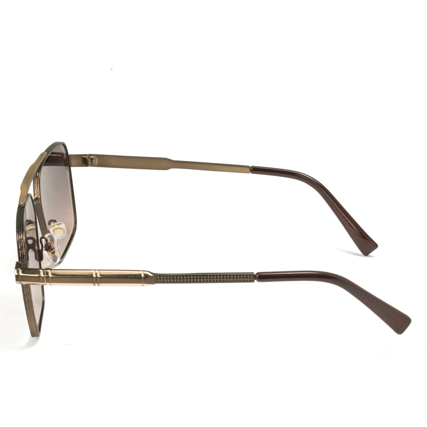 Close up of square gradient lenses in Bronze Luxe sunglasses showing UV protection and stylish brown tint