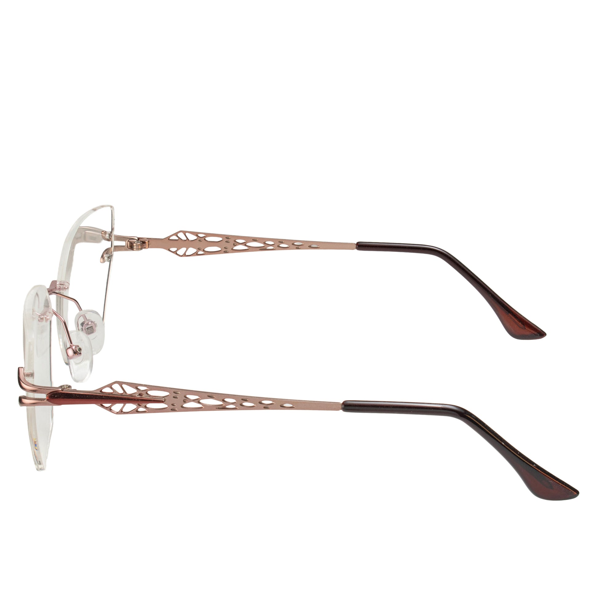 Minimalist women’s rimless eyeglasses with rose-gold metal temples – ElegantCut stylish optical frame angled view