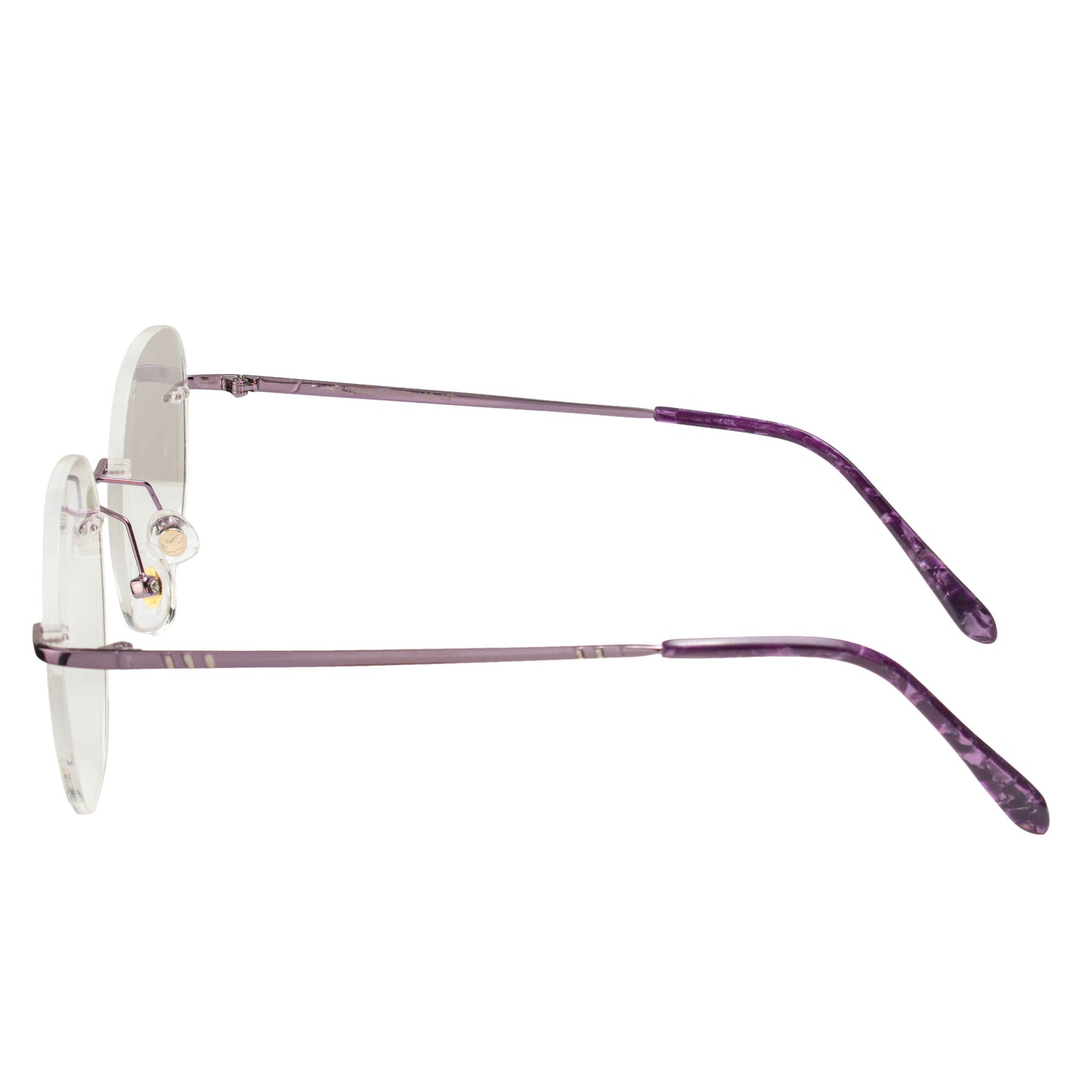 Lightweight purple metal temple rimless eyeglasses for women – side view elegant frame