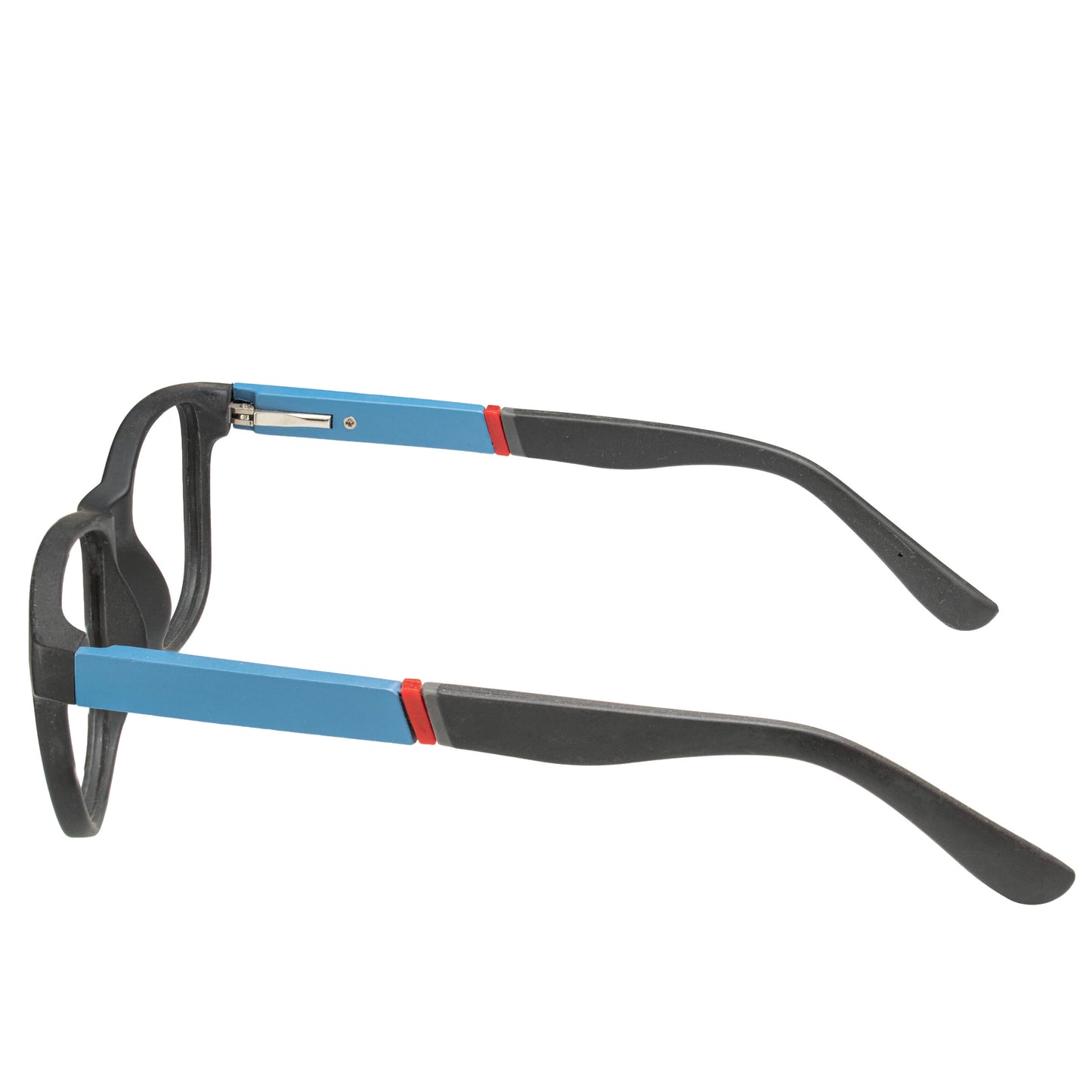 Stylish black acetate glasses with blue temples – side view modern eyewear