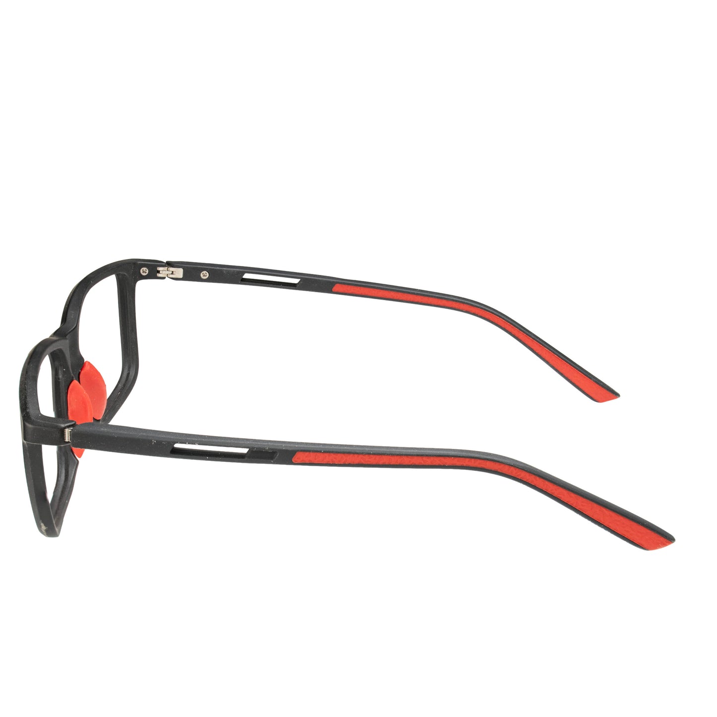 Durable matte black and red eyewear frame for men and women, ideal for prescription and blue-cut lenses