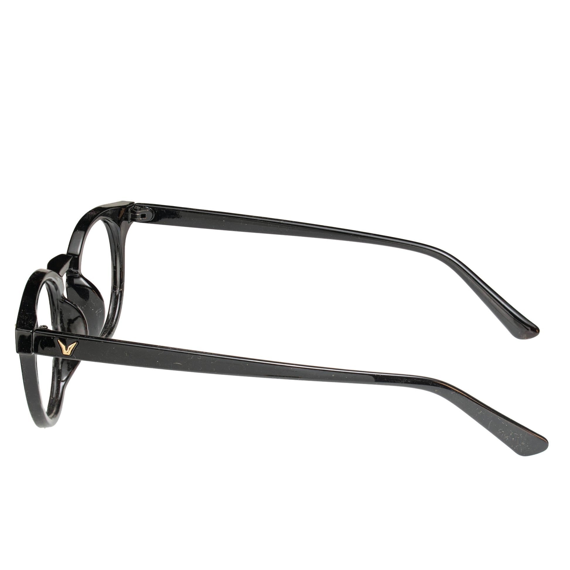 Side view of Vertex black round eyeglasses showcasing lightweight temple arms for comfortable fit